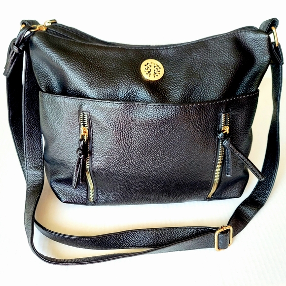 Handbags - Genuine Leather Crossbody Bag, Black/Gold, Adjustable, Storage. Like NEW!!